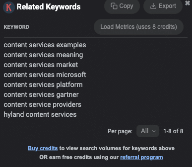 Screenshot of related keywords in keywords everywhere