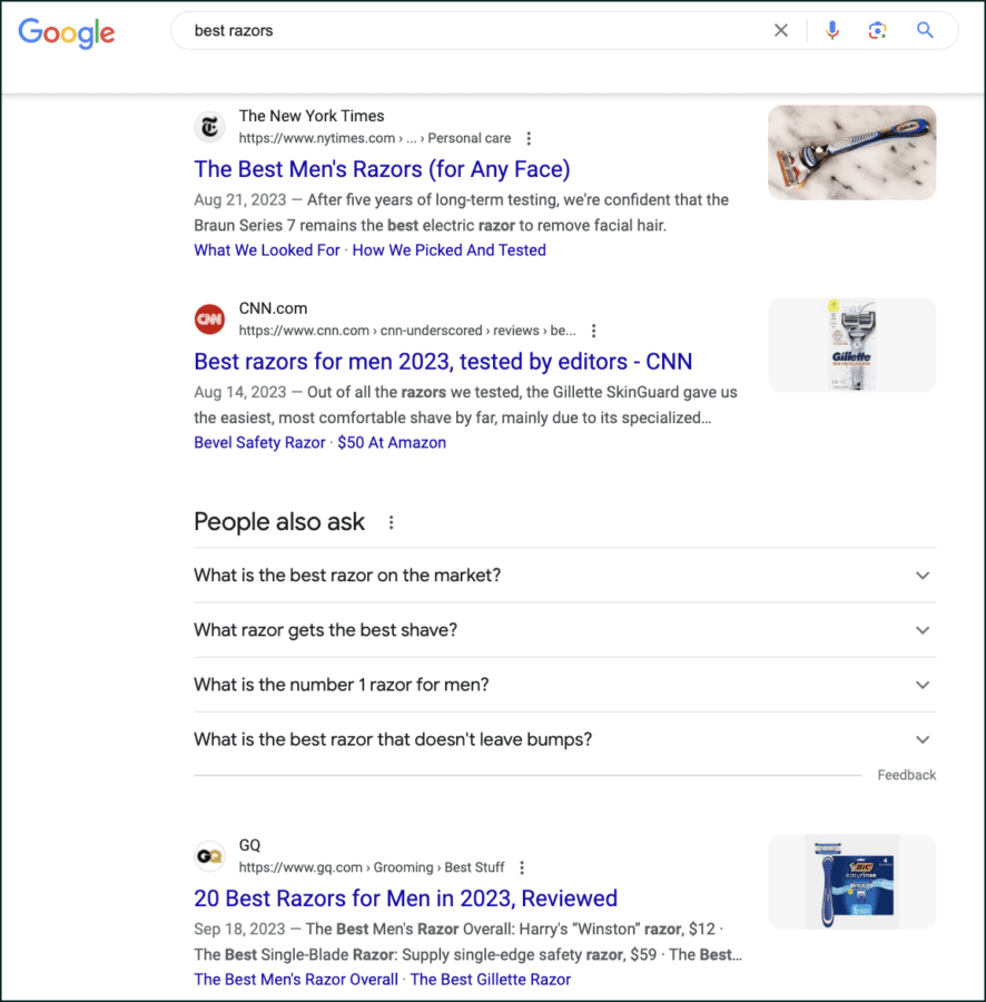 Screenshot of a Google search for "best razors"