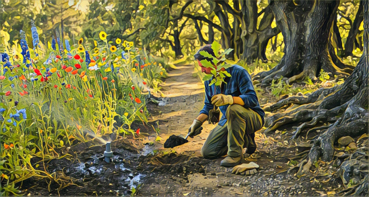 A gardener kneels beside a forest path, tending colorful wildflowers beneath ancient trees as warm sunlight filters through the peaceful woodland.
