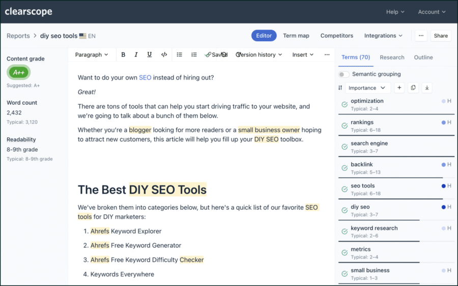 clearscope diy seo tool