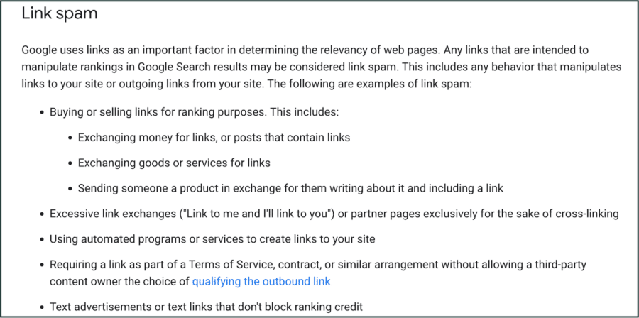 Screenshot from Google's link spam guidelines page