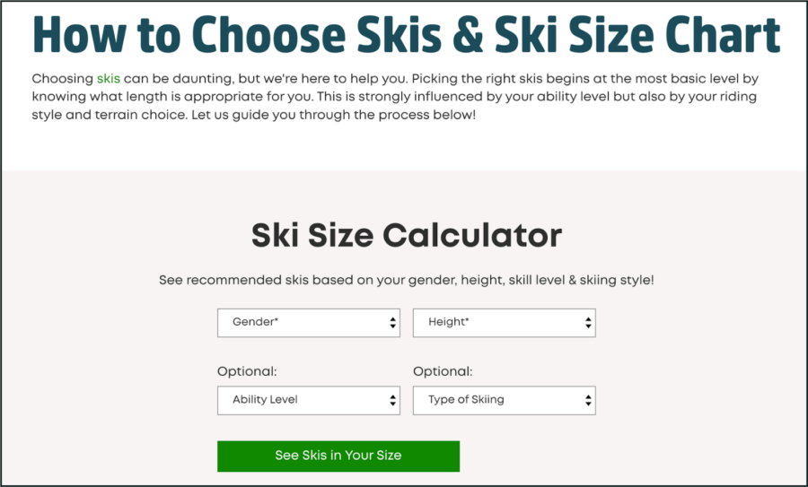 link bait evo ski size calculator
