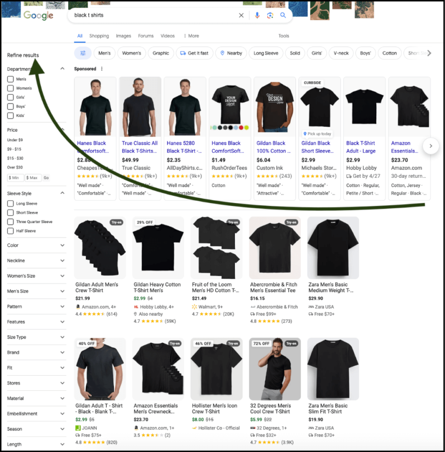 Search engine results page for black t shirts 