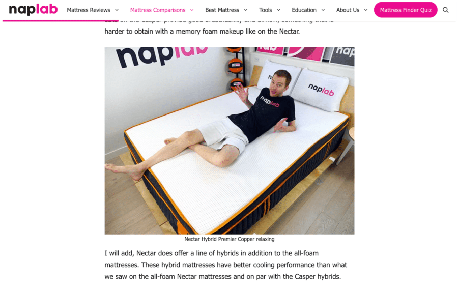 Screenshot of naplab.com depicting a website layout and a picture of a man laying on a bed