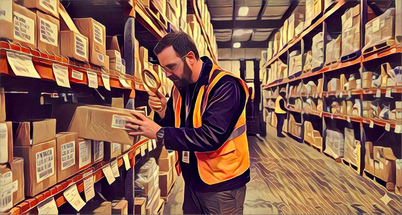 Man in warehouse inspecting box with magnifying glass