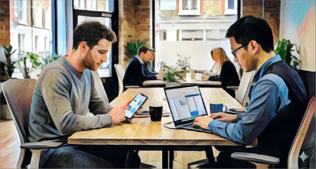 Two men sitting at a table across from each other. One is using his mobile phone to shop while the other is working on a laptop.