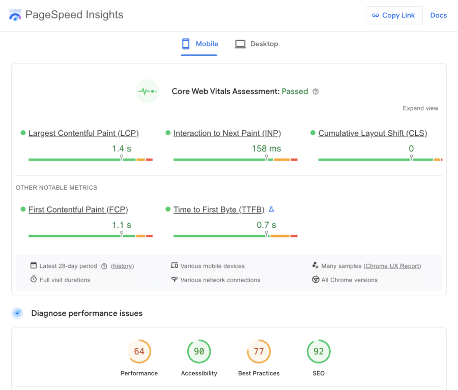 Page speed insights report showing scores for a B2C SEO audit