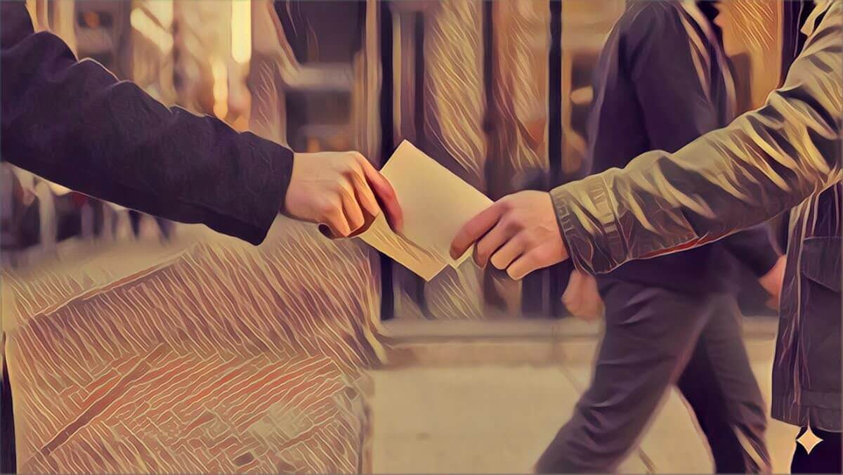Two hands on a city street. One hand is passing a folded piece of paper with ecommerce marketing tips on it.