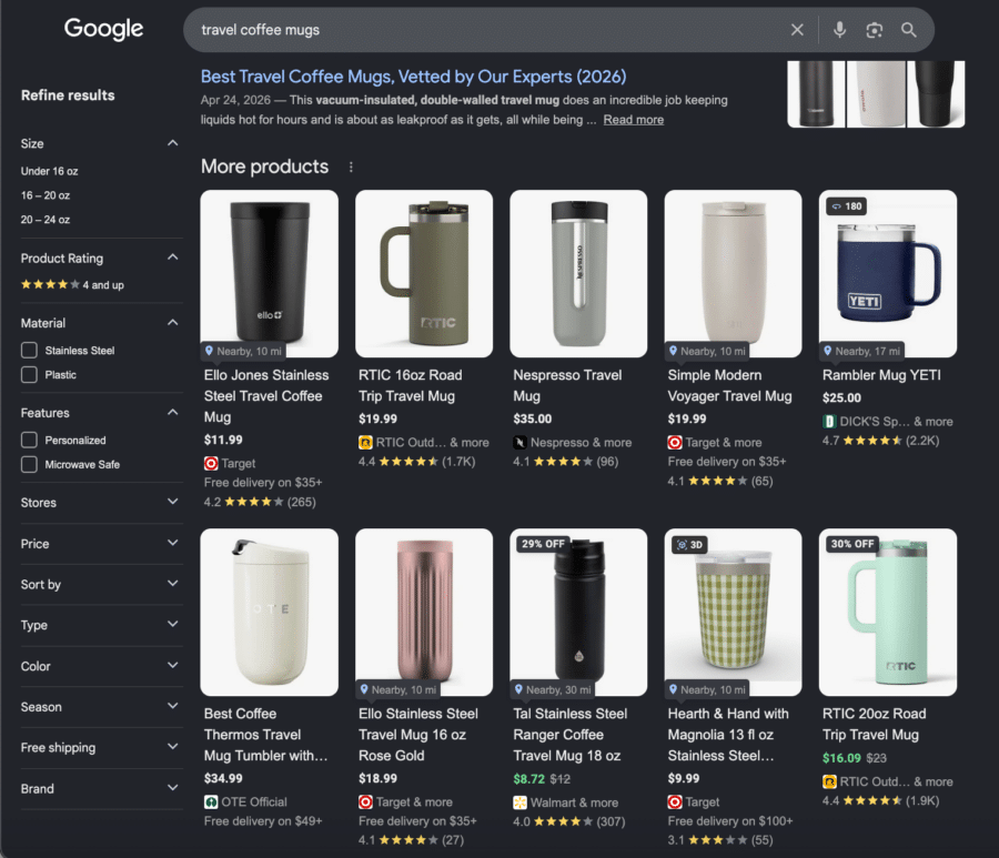 Google shopping screenshot