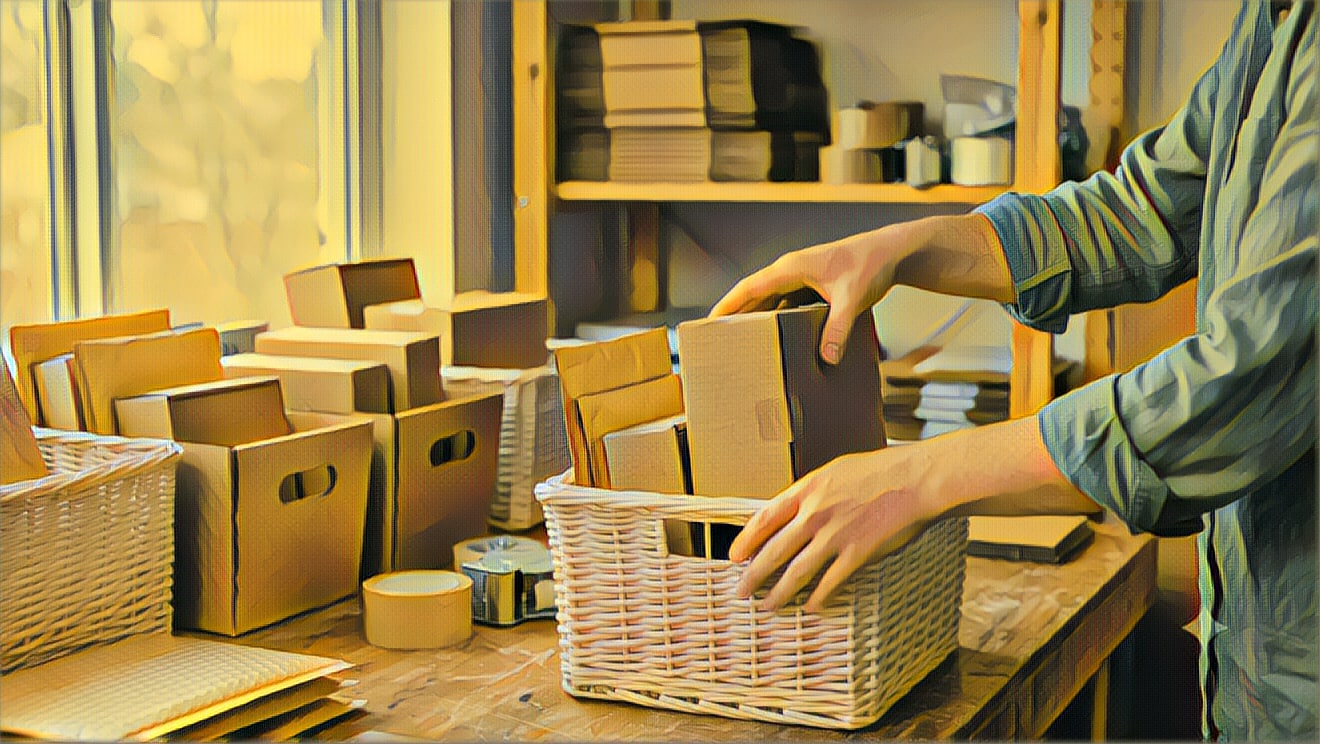 man putting ecommerce order boxes into baskets