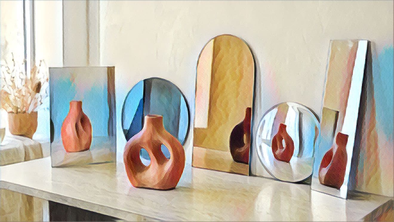 Still life display of colorful abstract paintings and red ceramic vases on a sunlit shelf, with reflections and a warm, serene gallery mood.